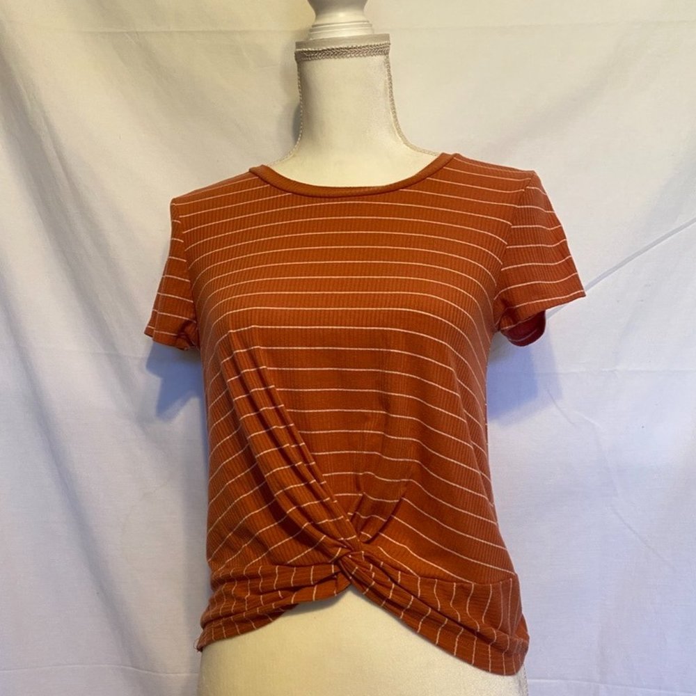 Hippie Rose ~Women Burnt Rust w/White Stripes Soft Knot-Front Tank Top  ~ Size S